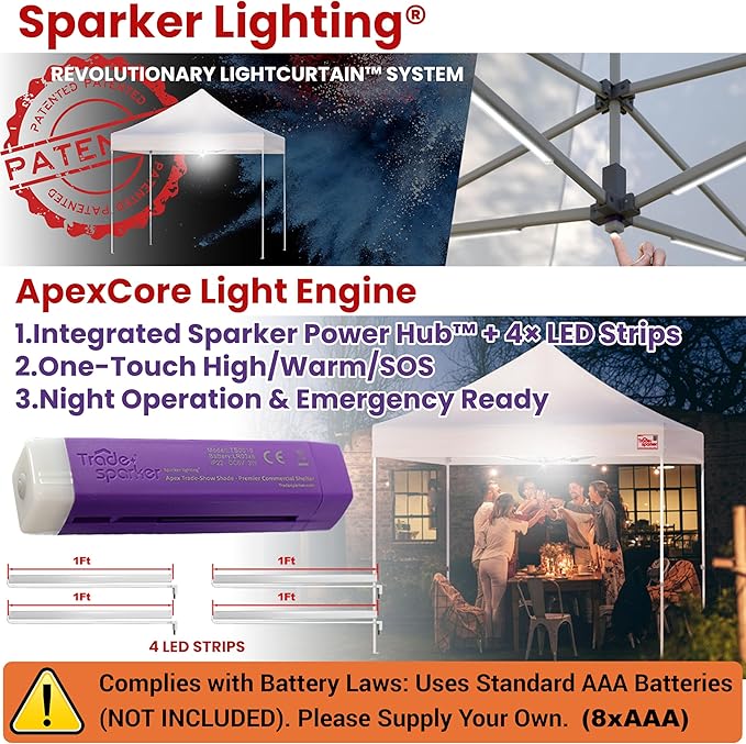 Tradesparker 10x20 Pop Up Canopy Tent,Commercial Movable Canopy with ApexCore LED & Rugged Casters-Instant Easy Setup Shelter Canopies with Weight Bags & Stakes for Oudoor Events Markets Vendors,White