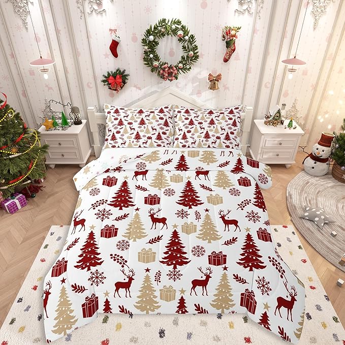 Feelyou Christmas Comforter Set All Season Xmas Tree Bedding Set with 1 Pillow Cases Reindeer Microfiber Kids Twin Bedclothes Snowflake Gift Bedroom Decor Duvet Quilt Breathable Soft Lightweight