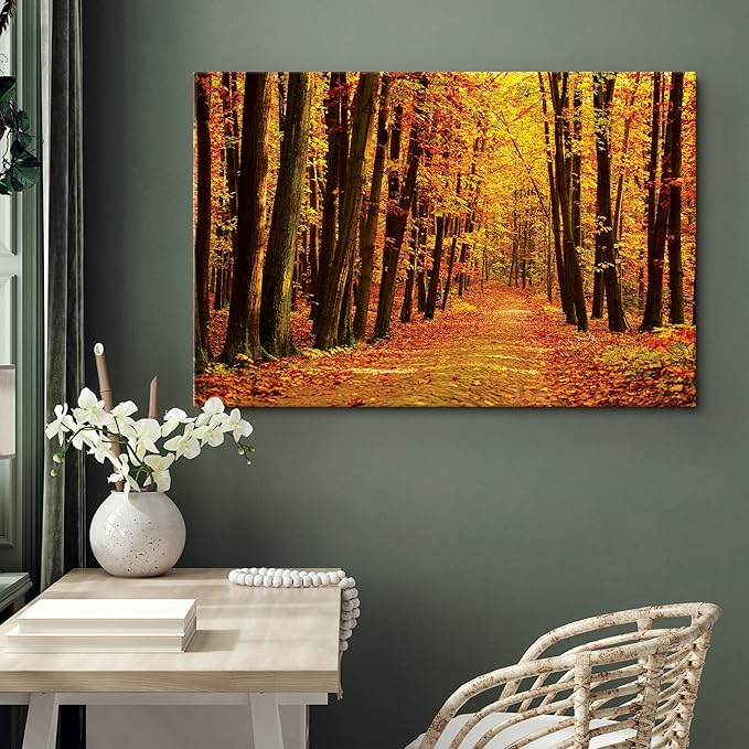 SIGNWIN Canvas Print Wall Art Walk Through Red Yellow Leaf Autumn Forest Nature Wilderness Photography Modern Art Rustic Landscape Relax/Calm Multicolor for Living Room, Bedroom, Office - 16x24