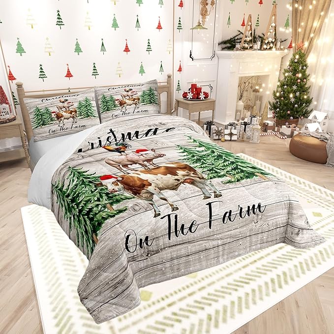 Christmas Farmhouse Bedding Set for Boys Girls,Cartoon Cow Chicken Pig All Season Cozy Comforter Set Full Size,Xmas Pine Trees Snowflake Duvet Set Bedroom Decor,Festival Gifts