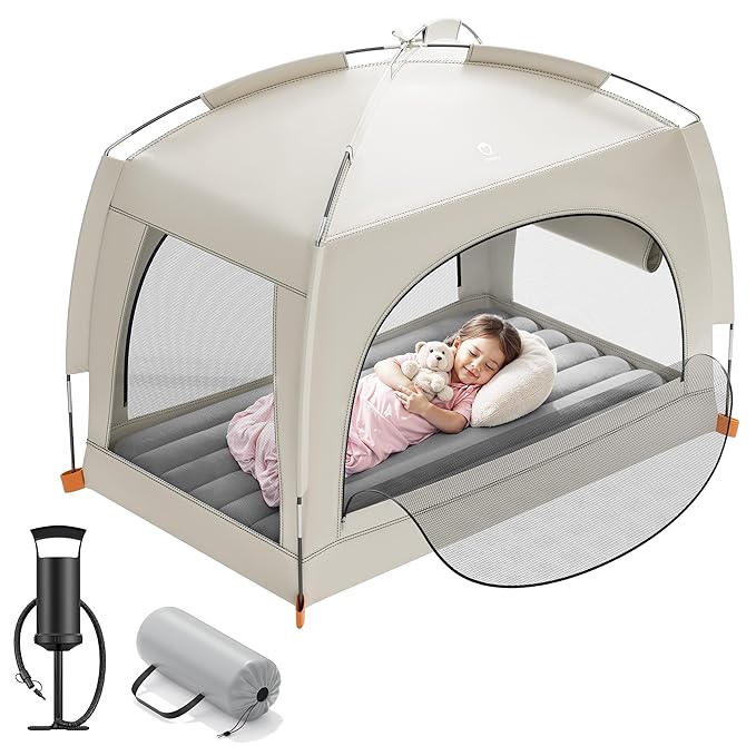 QPAU Inflatable Toddler Travel Bed with Tent – Lightweight Blow Up Kids Air Mattress with Hand Pump – Indoor & Outdoor Portable Sleeping Solution for Camping, Travel, Home, Grandma’s – Ages 3+