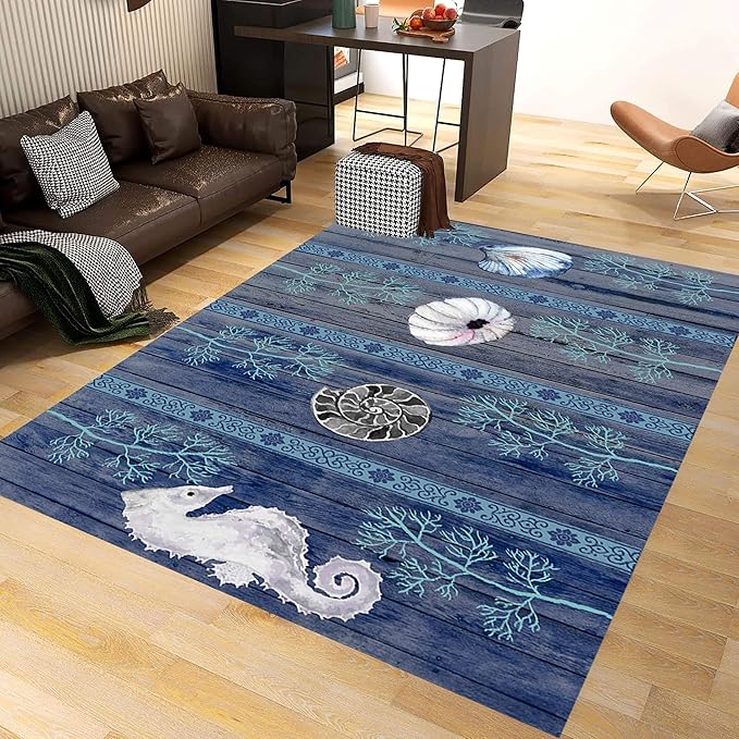 Nautical Living Room Rug, 6x9ft, Ocean Theme Conch Shell Seahorse Indoor Rugs, Beach Waterweed Kitchen Decor Mats, Durable Shed Resistant Cozy Easy Clean Carpet for Bedroom Family