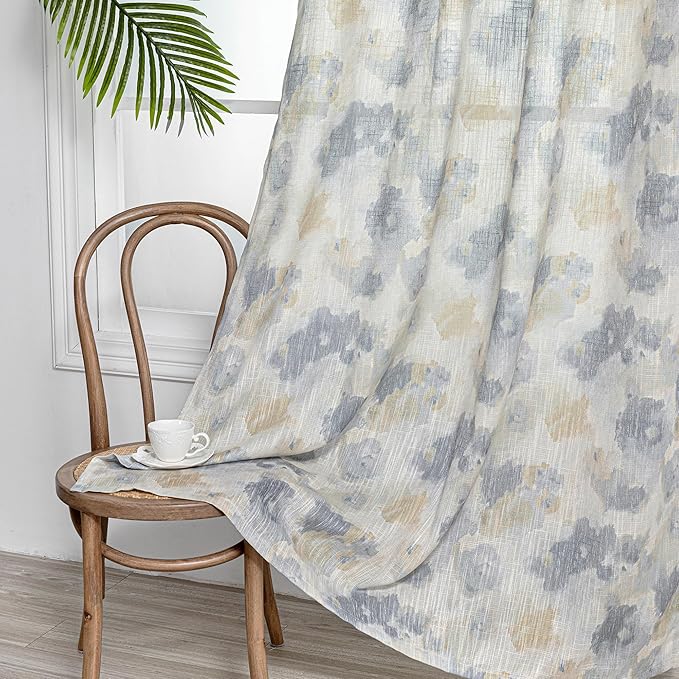 MYSKY HOME Floral Curtains 84 Inch Long for Girls Bedroom, Yellow Curtains for Living Room, Farmhouse Country Light Filtering Grommet Semi Sheer Natural Drapes Grey Colorful Design W52, 2 Panels