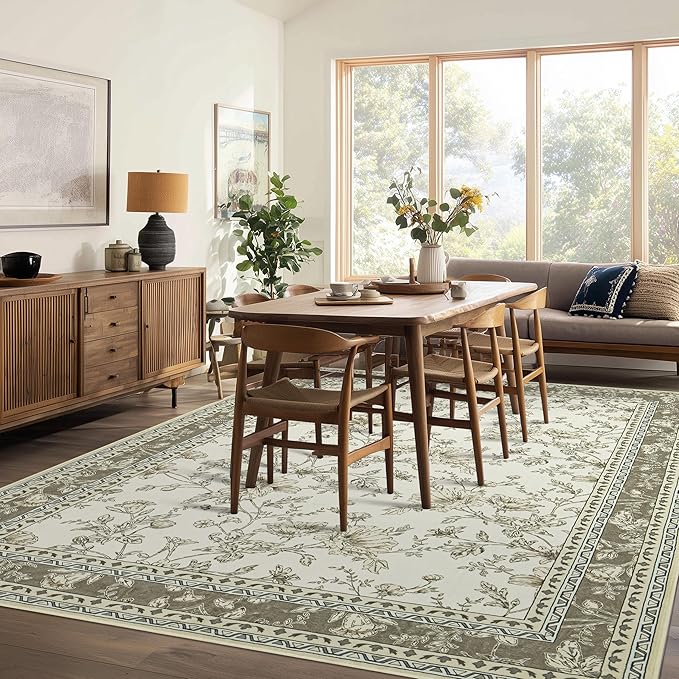 Extra Large Beige Taupe Area Rug for Living Room 10x14, Floral Dining Room Rugs for Under Table, Washable Soft Non Slip Low Pile Carpet for Large Bedroom Light Tan Khaki Floral Design 10 x 14
