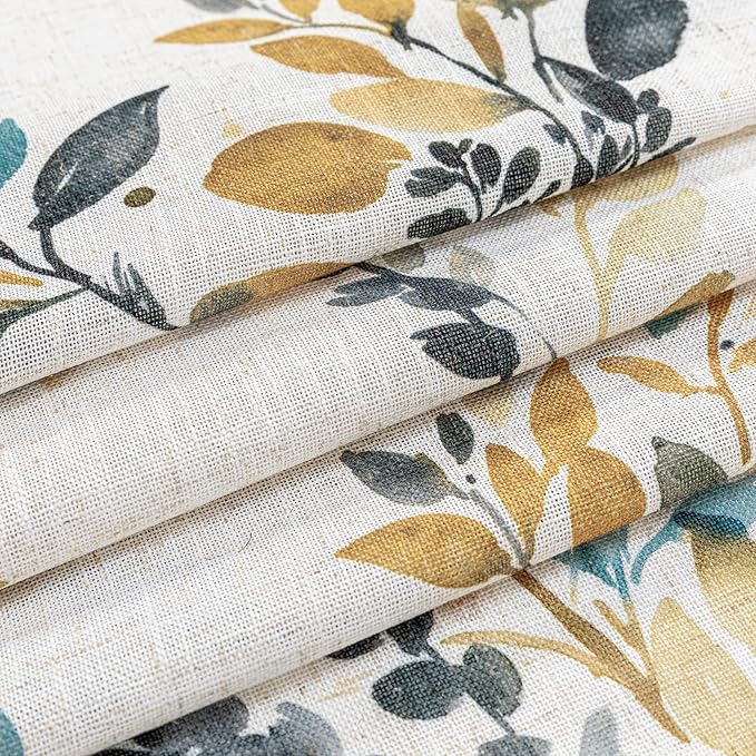 MYSKY HOME 95 Inch Curtains Semi Sheer Linen Blended Window Curtain Panels for Living Room Light Filtering Privacy Protect Drapes Set Leaf Style Texture Soft Touch, 52" x 95", Yellow and Blue, 2 Pcs