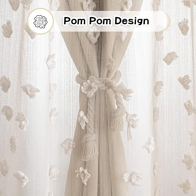 MYSKY HOME Beige Curtains for Bedroom 95 Inches Long Living Room Curtain with Beige Pom Pom Sheer for Dining Room Grommet Double Layer Nursery Curtain Toddler Room Darkening Window Drapes 52 Wide