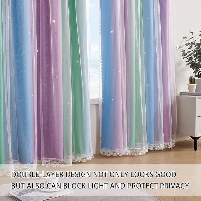 XiDi Girls Curtains for Bedroom 96 Inches Long 2 Panels Green Purple Blue Rainbow Blackout Curtains for Little Girl Kids Room Decor Living Room, Princess Unicorn Wall Decals Drapes 52x96