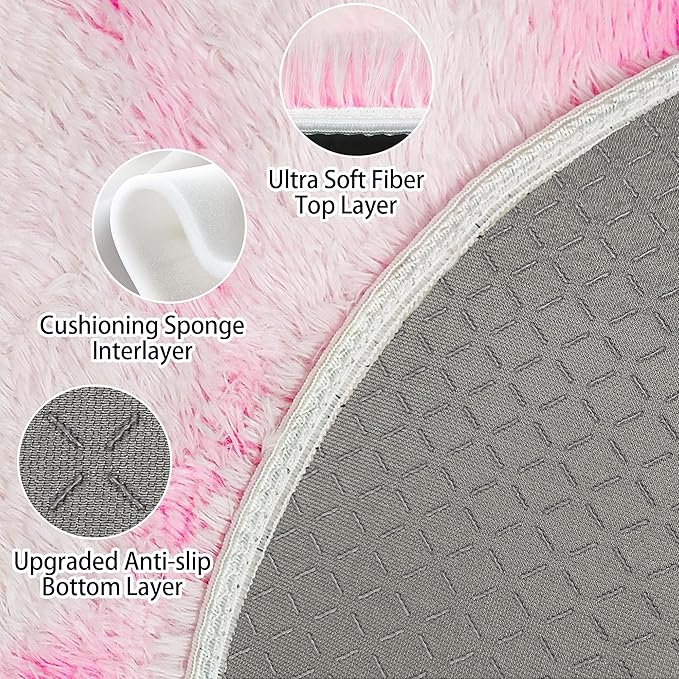 Pink Round Rugs for Bedroom, 3' Circle Area Rugs for Living Room, Tie Dye Colorful Soft and Fluffy Shaggy Carpet for Girls Boys Room Nursery Baby Playroom Unicorn Home Decor Aesthetic, Washable