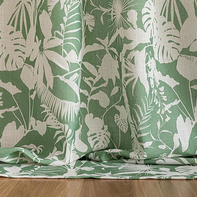 MYSKY HOME Linen Tropical Curtains 63 Inch Length Semi Sheer Curtains Pattern Decorative Window Treatment Drapes Privacy with Light Through for Kitchen/Nursery/Bathroom, 52" Wide, Green, 2 Panels