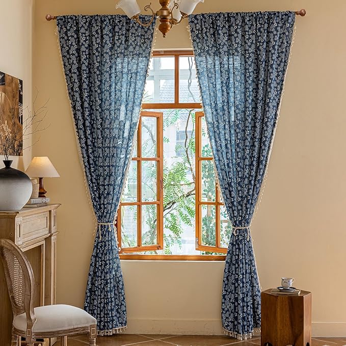 ENJOYBRIDAL White Floral Curtains 63 Inch Long Semi Sheer Navy Blue Drapes Short Decor Farmhouse Bedroom Window Curtains 2 Panel Sets Boho Tassel Rod Pocket Living Room Aesthetic Window Treatments