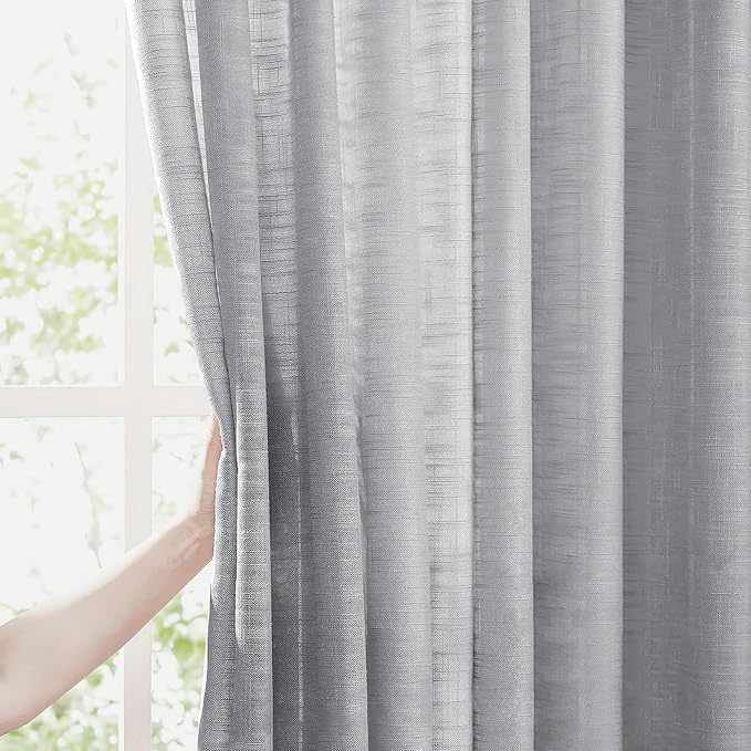 FMFUNCTEX Linen Semi Sheer Curtains 108 Inches Long for Living Room, Grey Pinch Pleated Curtains for Bedroom, Light Filtering Extra Long Farmhouse Window Drapes Rod Pocket Back Tab 2 Panels Set
