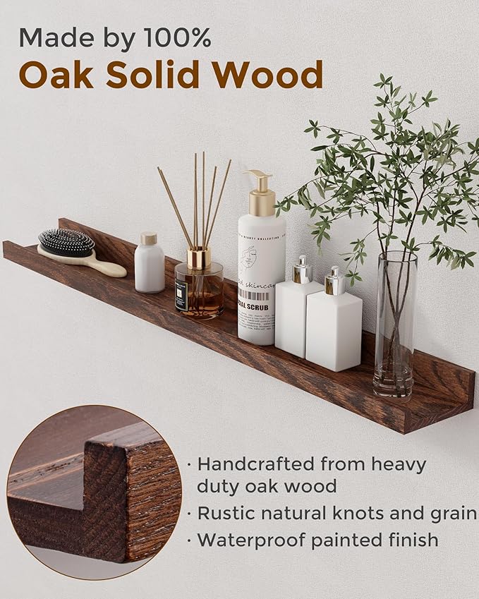 Axeman Oak Picture Ledge Shelf, 55 Inch Floating Shelves Set of 2, Solid Oak Wood Wall Shelves with Lip, Wall Decor Storage for Bedroom Living Room Bathroom Kitchen Nursery Photo Picture, Walnut