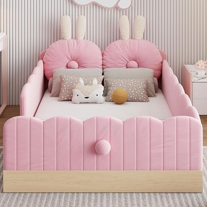Twin Size Upholstered Platform Bed with Safety Guardrail and Cute Rabbit Ear Shaped Pillows, Velvet Fabric Montessori Kids Floor Bed with Pocket and Sturdy Slats Support (Pink-9.25)