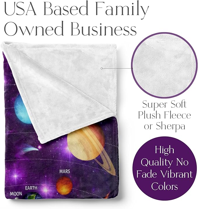 Outer Space Blanket for Kids with Colorful Planetary Solar System, Cute Space-Age Throw for Boys and Girls, Soft and Plush, Early Learning and Educational Fun (Fleece - 30x40)