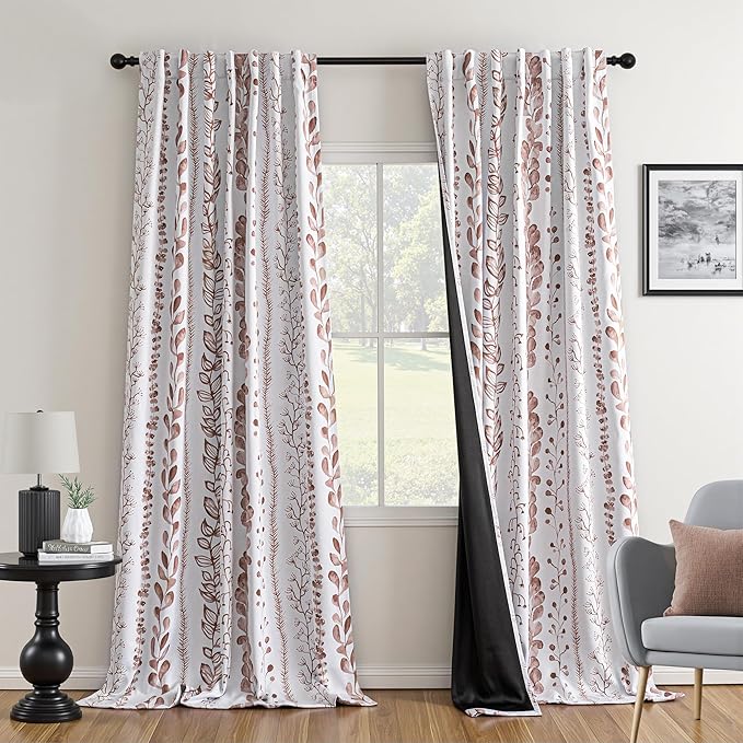MEETSKY 95% Blackout Curtains for Bedroom, Thermal Insulated Privacy Protection Back Tab Curtains 95 Inches Length for Living Room, Brown Leaf Pattern, 2 Panels, 50" Wide Each