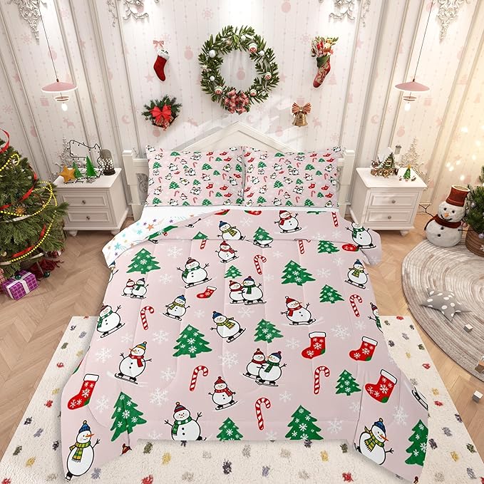 Feelyou Pink Christmas Comforter Set King Size Snowman Bedding Set for Kids Boys Girls Snowflake Duvet Quilt Xmas Tree Bedroom Decor Microfiber 3 Pcs with 2 Pillow Cases