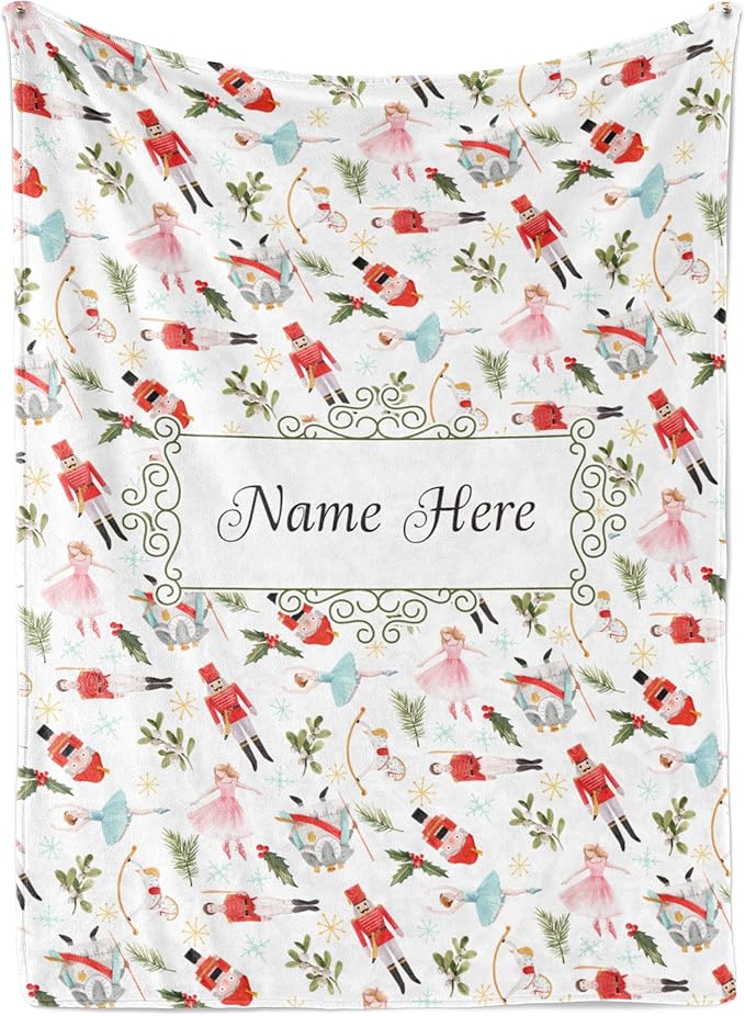 Personalized Nutcracker Christmas Blanket - Ships Next Day, Printed in USA - Plush Fleece Sofa Throw, Holiday Home Decor, Soft Christmas Bedding, Customizable Ballet Themed (Sherpa 60x80)