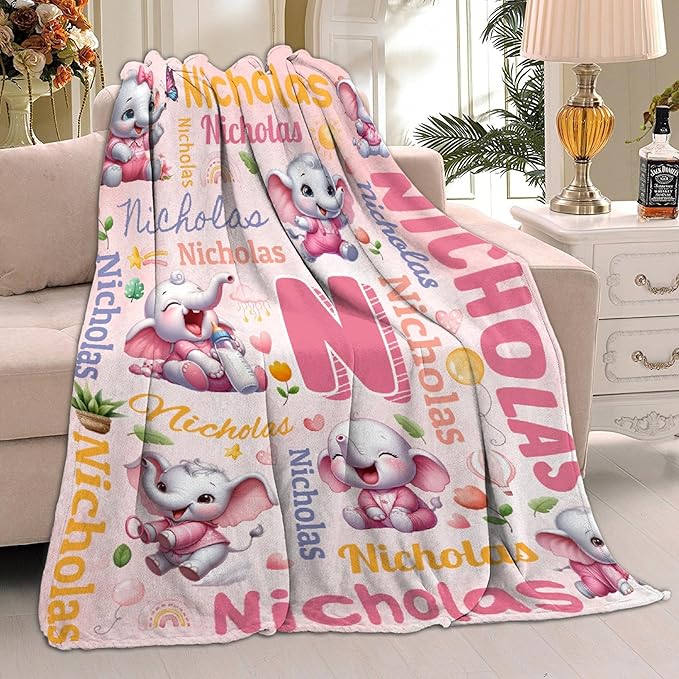 Personalized Custom Pink Elephant Blanket Gifts for Kids Boys Girls with Name - Customized Pink Elephant Super Soft Lightweight Flannel Sheets Decor for Crib Nap Couch - 60"x80" for Adult