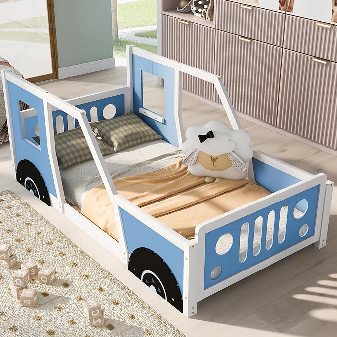 Twin Size Car Bed, Wood Floor Bed Frame with Headboard & Footboard and 4 Side Rails, Kids Racecar Bed for Boys Girls Teens, Blue