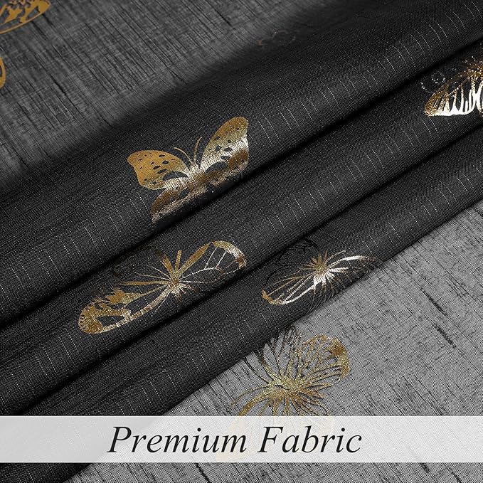 Jubilantex Black and Gold Butterfly Sheer Curtain Panels for Boys Girls Room, Linen Textured Metallic Print Patterned Voile Rod Pocket Curtain Drapes 95 Inch Long for Bedroom, 2 Panels