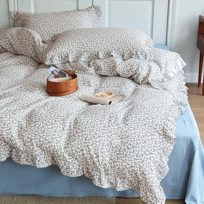 BuLuTu Chic Shabby Blue Floral Print Duvet Cover Queen, Double-Layer Cotton Muslin Comforter Cover with Ruffles, Kids Teens Bedding Quilt Covers,90"x90", Zipper Closure, No Pillow