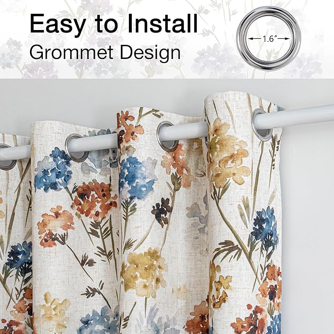 MYSKY HOME Floral 100% Blackout Linen Curtains 72 Inches Long 2 Panels Set for Bedroom Living Room Farmhouse Flower Pattern Double Layer Thermal Insulated Grommet Drapes, Yellow, 52" Wide Each Panel