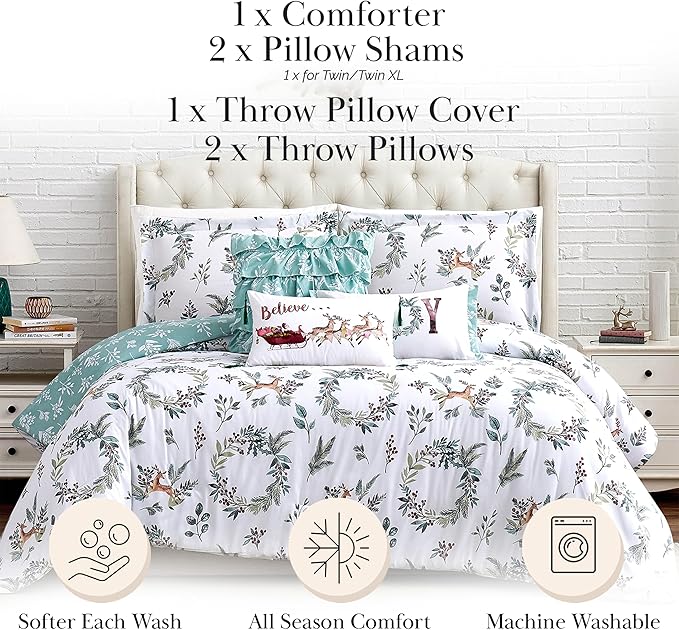 Southshore Fine Living, Inc. 5-Piece Oversized Christmas Comforter Set Twin XL, Reversible Twin Christmas Bedding, Holiday Bedding, Winter Comforter, 2 Shams, 2 Throw Pillows - Happy Holidays