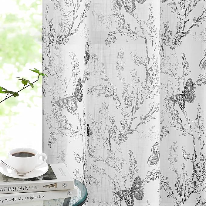 Jubilantex Butterfly Leaf Semi Sheer Curtains 63" L Curtain Panels for Kids Bedroom,Black Print on White Light Filtering Drapes,Grommet Top,2 Panels