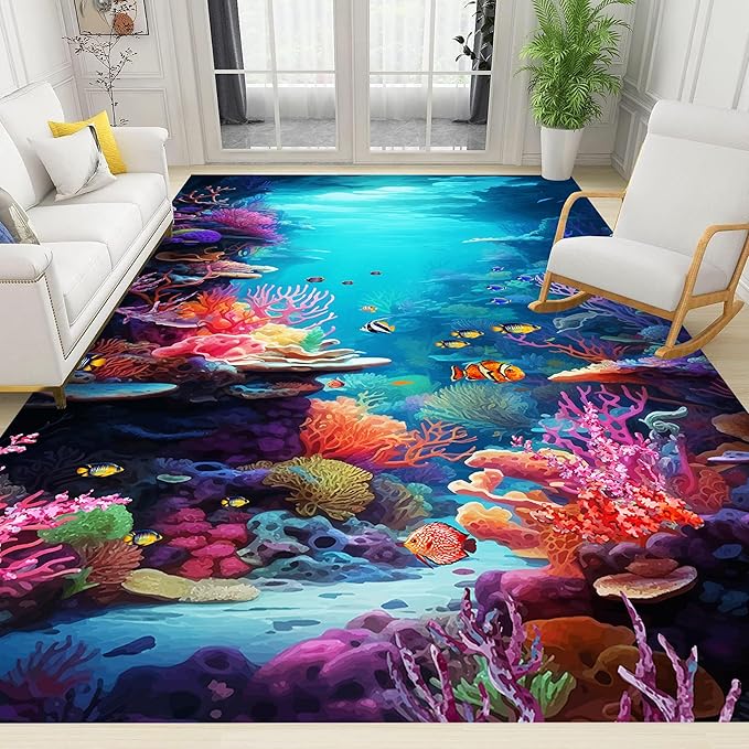 Under The Sea Area Rug, 3x4ft, Underwater World Coral Carpets for Bedroom, Marine Animal Tropical Fish Non-Slip Carpet, Low Pile Thin Absorbent Machine Washable Rugs for Living Room
