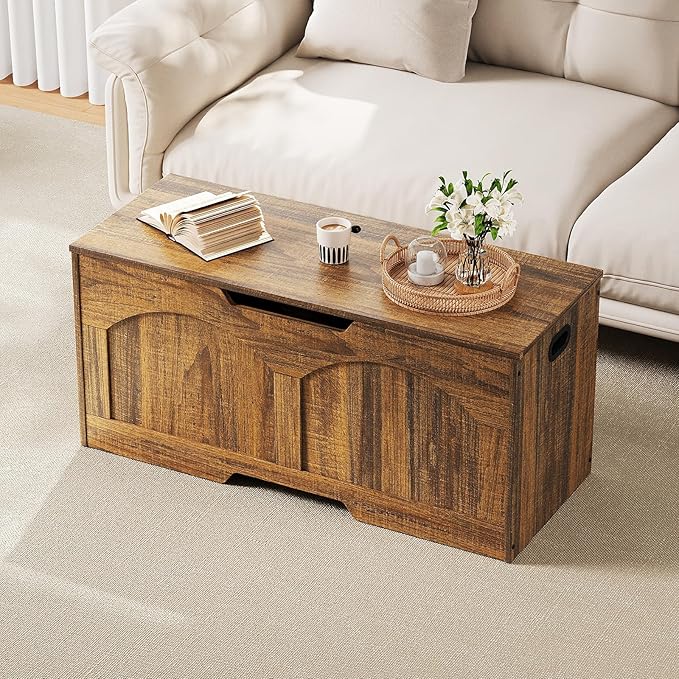 Storage Bench, 39.4" Retro Storage Trunk, Storage Chest with 2 Safety Hinges, U-Shaped Cut-Out Pull, Farmhouse Style, 39.4" x 15.7" x 18.3", Entryway Storage Bench, Supports 330 lb, Rustic Brown
