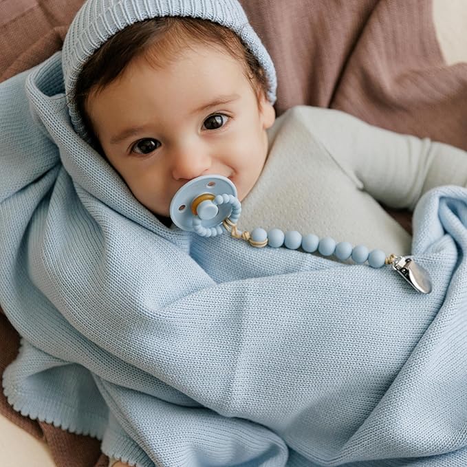 Luxe Collection 100% Organic Luxury Knit Baby Blanket + Hat Gift Set (Sky Blue)
