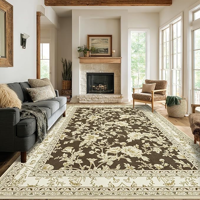 Brown Floral Print Area Rugs for Bedroom Living Room Boho Farmhouse Country Rustic Dining Room Carpet Soft Washable Rugs Non Slip Floor Covering for Nursery Playroom 10x14