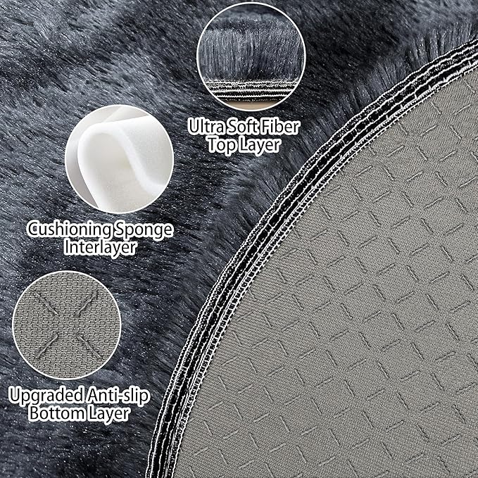 7 ft Round Fluffy Large Black Rug for bedroom,Tie Dyed Furry Round Carpet Non Slip Fuzzy Shaggy Plush Circle Big Area Rug for living room Room Nursery Room Playroom Kids Room Home Decor Washable