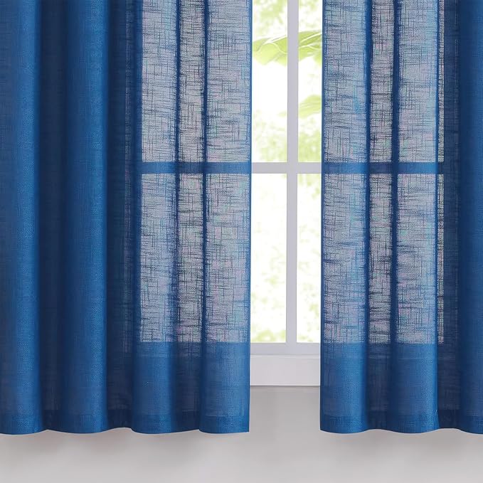 FMFUNCTEX Linen Semi Sheer Curtains 84 Inches Long for Bedroom, Navy Blue Pinch Pleated Curtains for Living Room, Light Filtering Farmhouse Window Drapes Rod Pocket Back Tab 2 Panels Set