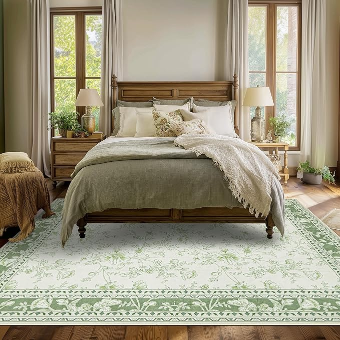 Sage Green Area Rugs 10x12 for Living Room Boho Washable Extra Large Floral Floor Covering, Cream Beige Green Rugs Bedroom Dining Room, Non Slip Farmhouse Floor Carpet for Kids Playroom Nursery