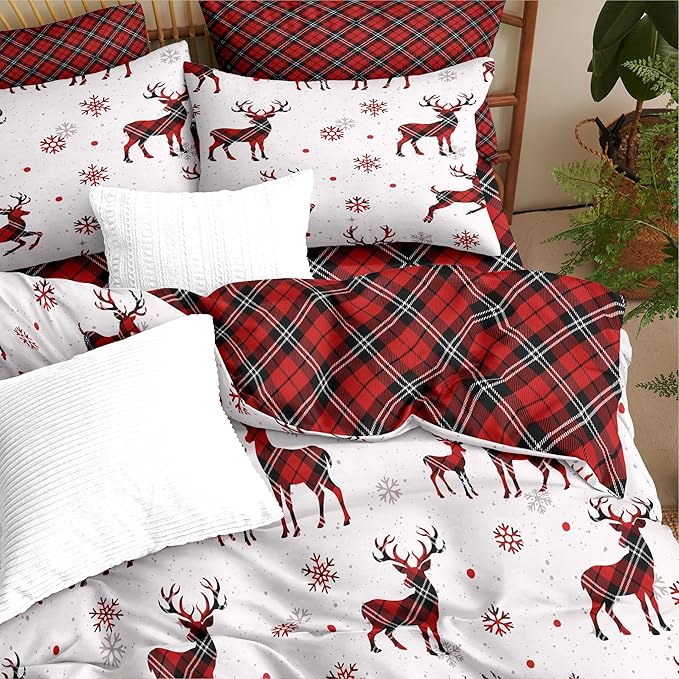 Christmas Duvet Cover Full Size Red Gingham Christmas Deer Bedding Set 3 Pcs Kids Boys Girls Grid Checked Xmas Snowflake Elk Comforter Cover with Zipper Closure (No Comforter)