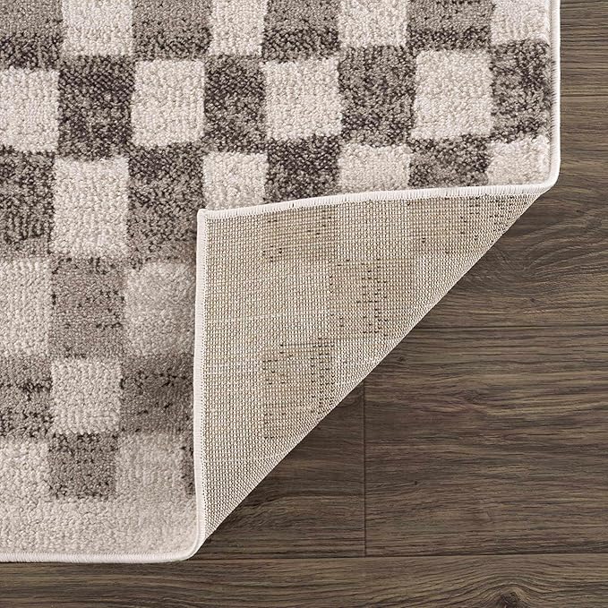 Hauteloom Pertek Modern Checkered Area Rug - Modern Geometric Carpet for Living Room, Kids Room, Nursery - Bohemian Boho Carpet - Brown, Beige, Cream - 7'10" x 10'