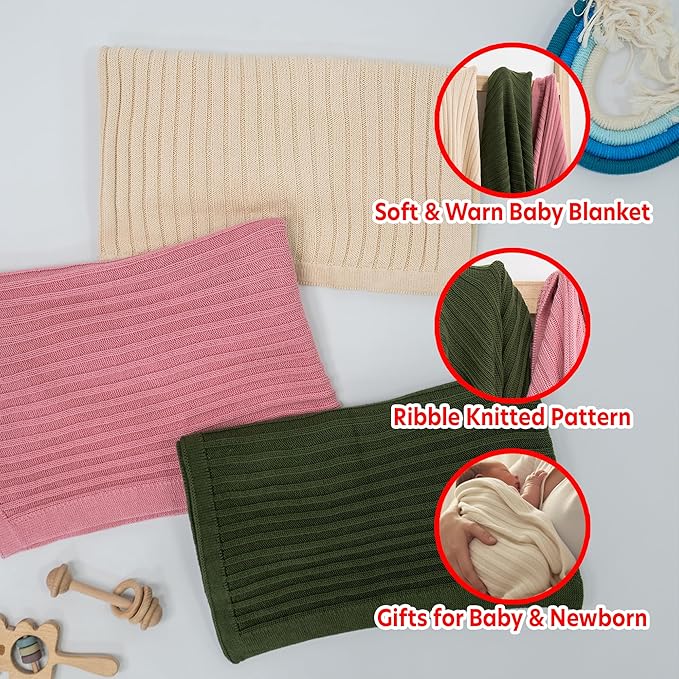 Baby Knit Blanket, 100% Cotton Ribble Patterns, Soft, Cozy, Lightweight Swaddle for Newborn & Infant Swaddling Beige Neutral, Perfect Baby Shower Ideas Cream 28x36