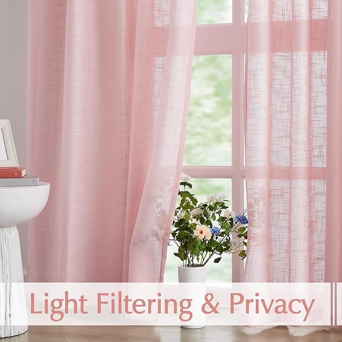 FMFUNCTEX Linen Semi Sheer Pink Curtains for Bedroom Living Room, Blush Pink Curtains 96 Inches Long Sheer Linen Textured Window Drapes Farmhouse Light Filtering 2 Panels Rod Pocket