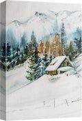 SIGNWIN Canvas Print Wall Art Woodland Nursery Decor Log Cabin Winter Snow Mountain Forest Nature Illustrations Modern Art Decorative Landscape Colorful for Living Room, Bedroom, Office - 32"x48"