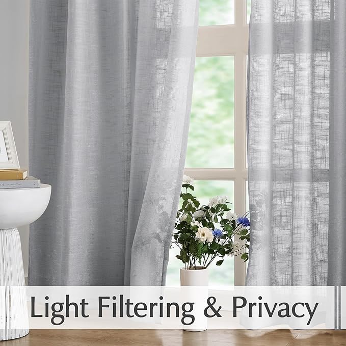 FMFUNCTEX Linen Semi Sheer Curtains for Bedroom, Grey Curtains 96 Inches Long for Living Room, Country Farmhouse Sheer Drapes, Light Filtering Window Curtain, Grommet Top 2 Panels