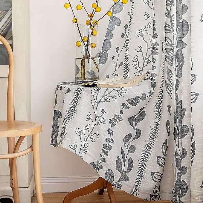 MEETSKY Cotton Curtains 95 Inches Length for Living Room Boho Light Filtering Window Leaf Print Classical Drapes Back Tab Bohemian Decorative Burlap Effect Drapes for Bedroom, 50x95 Inch, 2 Panels