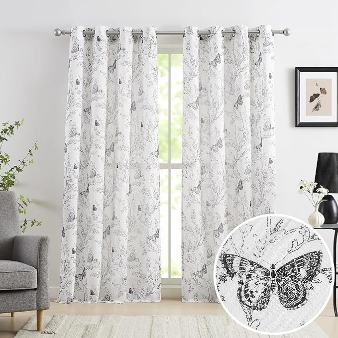 Jubilantex Butterfly Leaf Semi Sheer Curtains 63" L Curtain Panels for Kids Bedroom,Black Print on White Light Filtering Drapes,Grommet Top,2 Panels