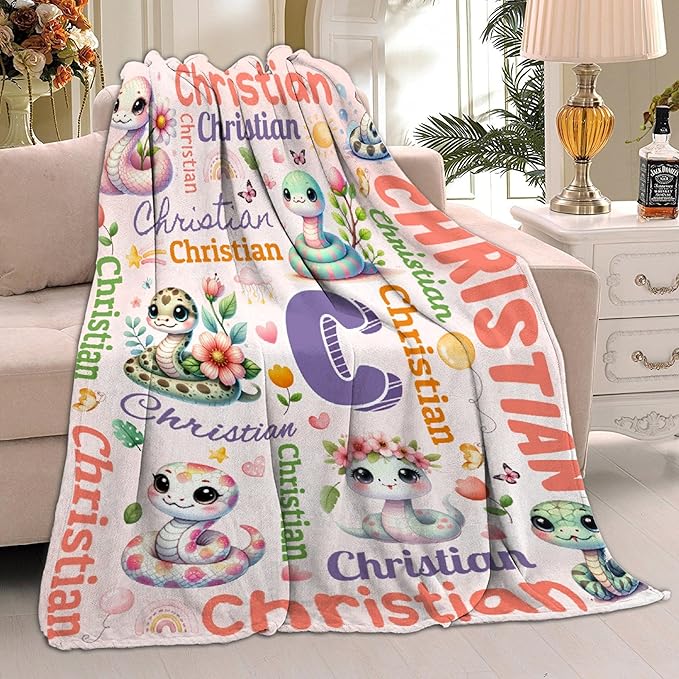 Personalized Custom Snake Blanket Gifts for Kids Boys Girls with Name - Customized Snake Super Soft Lightweight Flannel Sheets Decor for Crib Nap Couch - 90"x120" for Whole Family