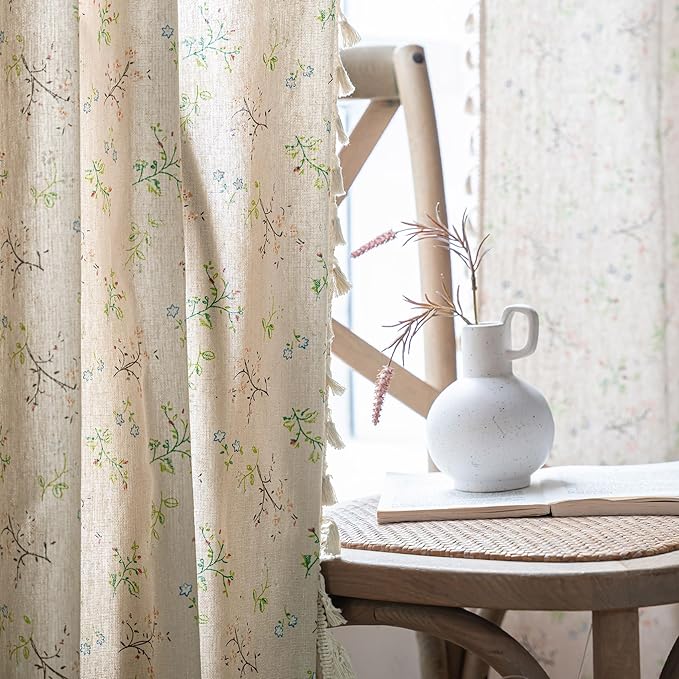 ENJOYBRIDAL Floral Farmhouse Curtains Semi-Blackout Living Room Drapes 96 Inch Length Cotton Linen Blend Bohemian Window Curtain Panels with Tassel Beige Rod Pocket Bedroom Drapes, 1 Panel