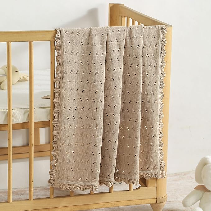 Baby Blanket 100% Cotton Knit Swaddle Soft Newborn Receiving Blanket Cozy for Boy/Girl Crib,Stroller Khaki 40x30in