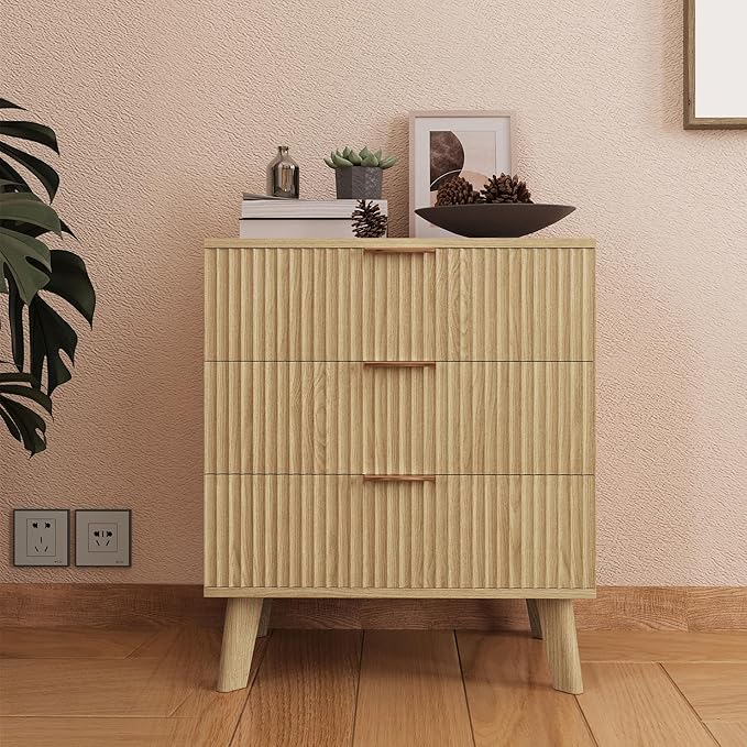 Fluted 3 Drawer Dressers, Modern Closet Dressers Chest of Drawers, Wood Storage Dresser Chest of Drawers Organizer for Bedroom Living Room Hallway Closet(Natural)