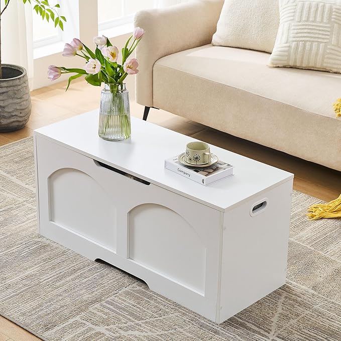 39.4" Storage Chest, Wooden Storage Bench Trunk, Upgraded Safety Lift Support Hinge, Large Entryway Bench Box, Supports 330 lb U-Shaped Opening for Entryway, Hallway, Living Room, Ivory White