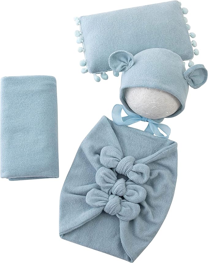 Vemonllas Newborn Baby Boy Girl Photography Props Bow Wrap, Posing Aid, Hat and Blanket Set of 4 Pcs