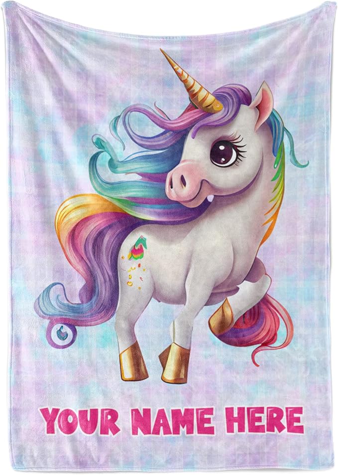 Personalized Baby Unicorn Throw Blanket for Girls with Custom Name, Prancing Pony with Rainbow Mane and Tail, Cute Nursery Room Decor, Soft Plush Toddler Bedding for Babies, (Fleece 60x80)